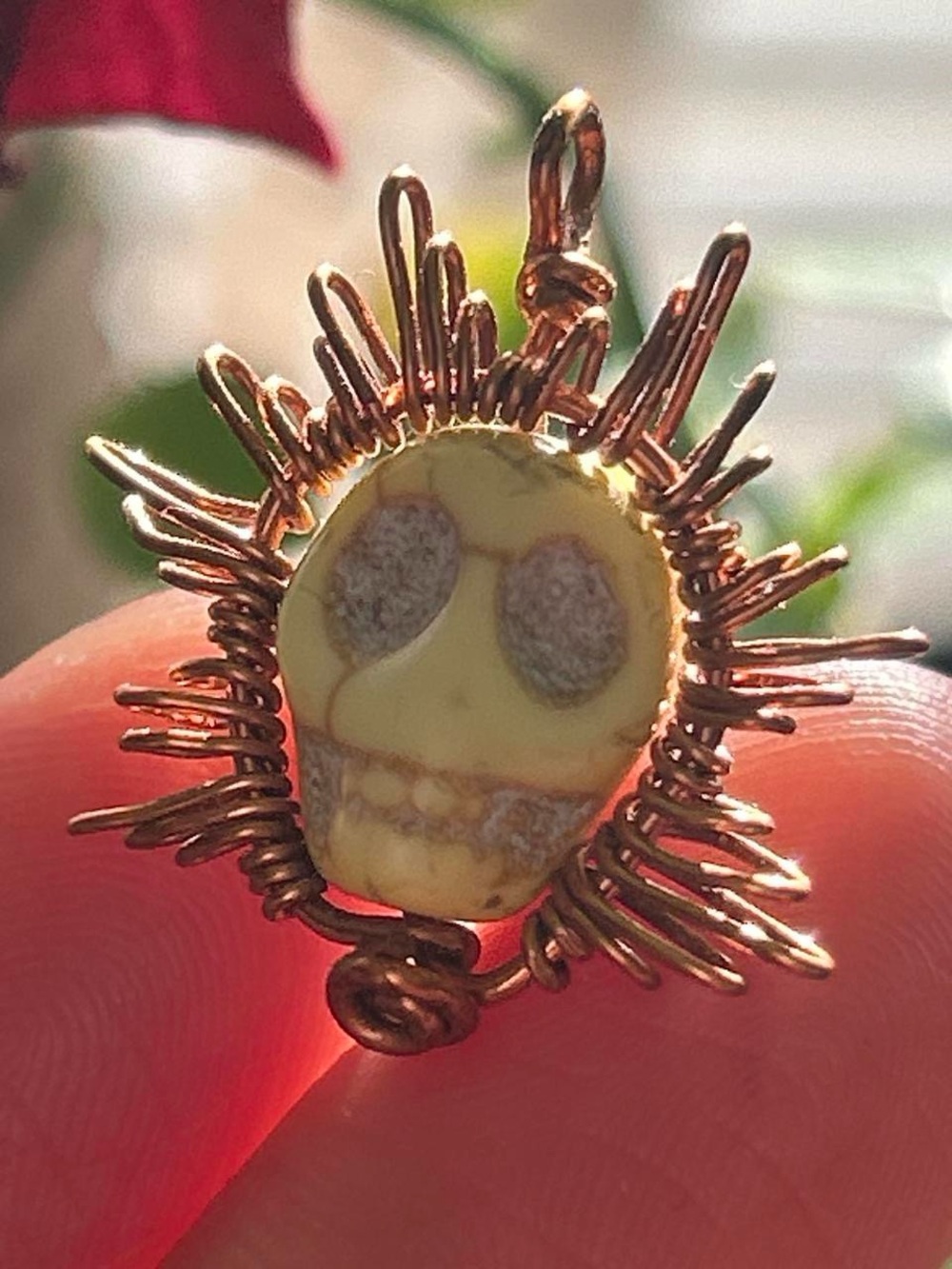 Copper Wire Wrapped Yellow Howlite Skull Pendant